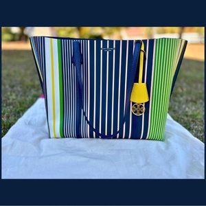 Tory Burch 🔥RARE🔥EUC Field Day Stripe Leather Perry Tote W/ Tory Dust Bag!!